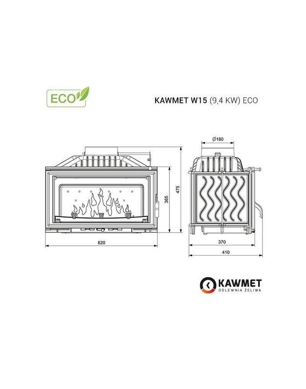 Ketaus įdėklas židiniui KAWMET W15 9,4 kW ECO