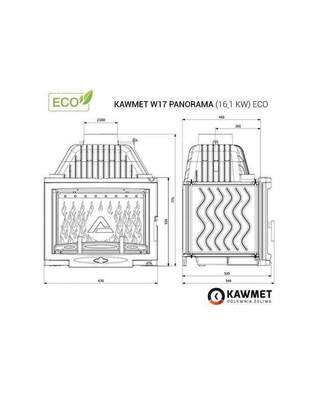 Ketaus įdėklas židiniui KAWMET W17 Panorama 16,1 kW ECO